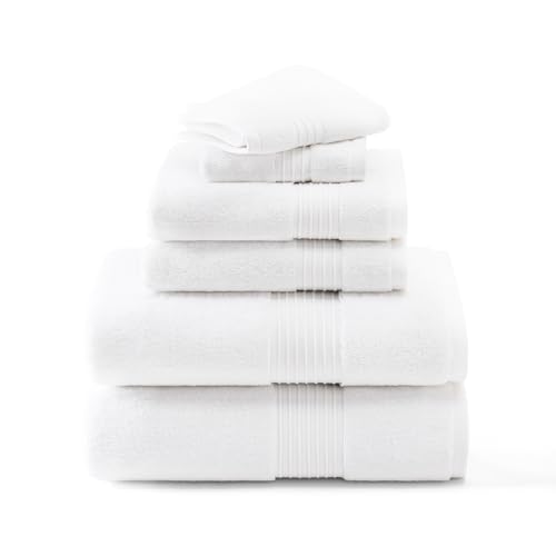 Town & Country Everyday 6-Piece Assorted Solid Dobby Border Set, 2-Bath Towels, 2-Hand Towels, 2-Washcloths, 100% Cotton, Plush & Absorbent 650GSM, White