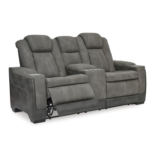 Signature Design by Ashley Next-Gen DuraPella Power Reclining Loveseat with Adjustable Headrest and Storage Console, USB Charging, Water Repellent Faux Leather, Gray