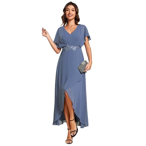 Image of Ever-Pretty Women's Formal Dress A Line V Neck Applique Waist Tea Length Wedding Guest Dress 02027