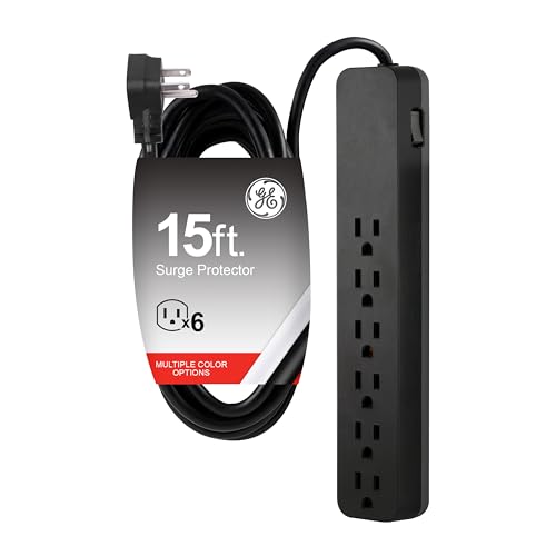 GE 6-Outlet Surge Protector, 15 Ft Extension Cord, Power Strip, 840 Joules, Flat Plug, UL Listed, Black, 62938