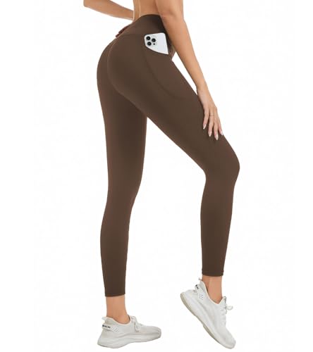adorence Sport Leggings Damen Invisible Scrunch Leggings mit Taschen 7/8 Push Up Sportleggins Damen Lang Blickdicht Leggins High Waist für Gym Yoga - Braun XS