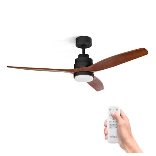 Ufesa Ventilador de Techo con Luz LED, 40W, 6 Velocidades, Ultra Silencioso, 3 Aspas Madera Natural 132cm, Función Verano - Invierno, Temporizador 8h, 3 Niveles Luz, Mando a Distancia, Negro - Roble