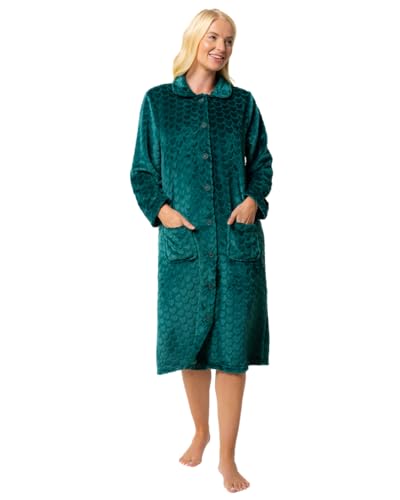 Suzy & Me Robe de chambre en polaire douce gaufrée boutonnée pour femme, vert forêt, 40-42