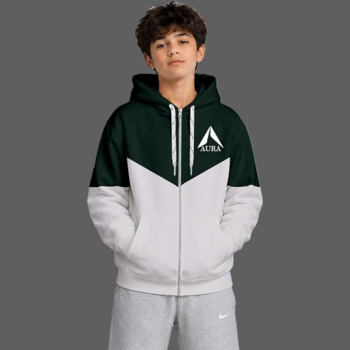 Image of Viitor Boys Hooded Neck Sweatshirt | Soft Cotton Fleece Blend Full Sleeve Zipper Hoodie for Kids & Teens Dark Green