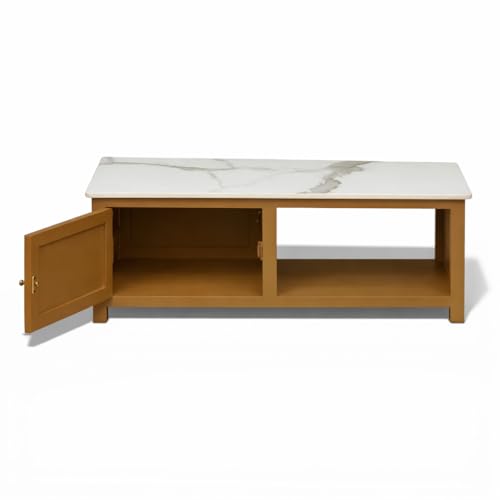 Image of Solid Wood Center Table Premium Sintered Stone Coffee Table for Living Room Wooden Centre Table Premium Acrylic Terracotta Brown 110 x 60 x 40 cm