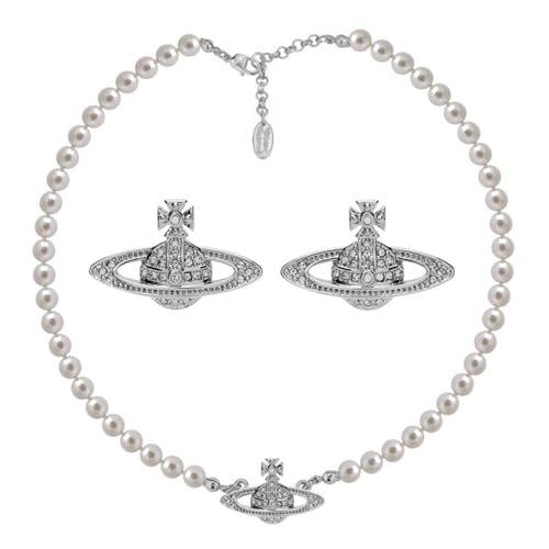 Dreuyet Saturn Pearl Necklace and Earrings Set Crystal Planet Earrings Dainty Artificial Pearl Choker Necklace Charm Gifts for Mum Wife Wedding Birthday Anniversary