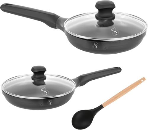 Stone&Stone Lot de 2 poêles 20 cm 24 cm extrêmement anti-adhésives | Gaz Induction | Poêle professionnelle en aluminium et acier avec revêtement allemand + 2 couvercles 1 cuillère | sans PFAS
