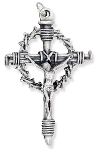 Pack of 5 - Large Jesus Crown of Thorns and Nails Crucifix Rosary Part - 2 1/4" Italian Silver Oxidized Finish Cross for Rosary Making or Large Crucifix Necklace Pendant for Catholic Men, Military,2