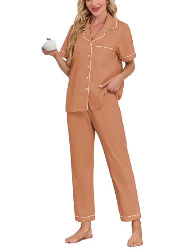 Image of COLORFULLEAF Women's 100% Cotton Pajamas Set Button Down Sleepwear Short Sleeve Shirt and Long Pants Soft Ladies Lounge Sets