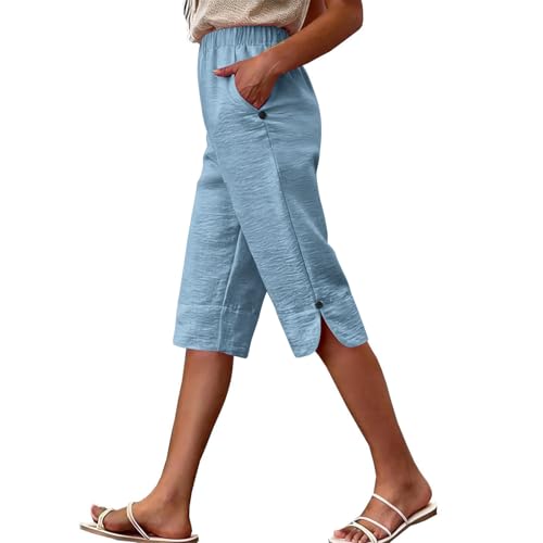 Capri Pant for Women Summer Elastic Waist Cropped Capris Plus Size Casual Breathable Crop Slacks with PocketsLight BlueMedium