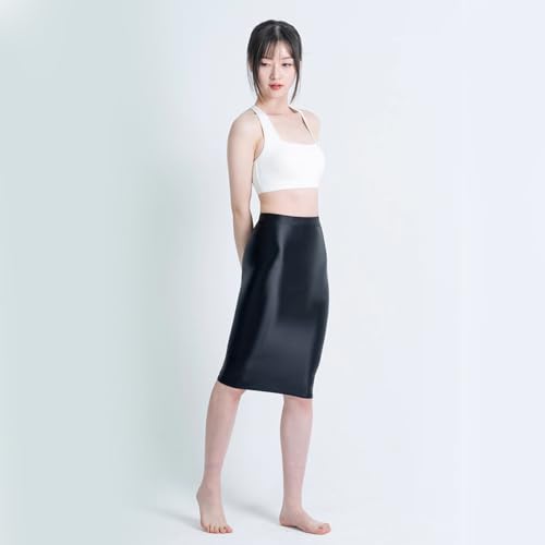 Satin Glossy Skirt Elastic Smooth Tight Skirt Oil Shiny Smooth One Step Skirt Elastic Silk Slim Knee Length Mid Skirt2