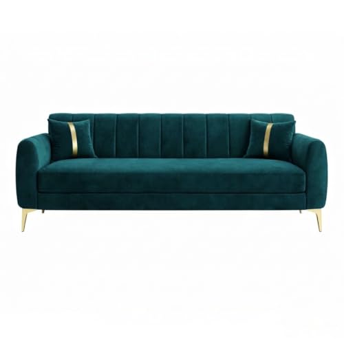 Image of Hermione Luxe Velvet-Suede Fabric 3 Seater + 1 Seater + 1 Seater Sofa Set | Golden Legs | Comfortable & Spacious Seating | Modern Sofa Set for Living Room - Green Teal