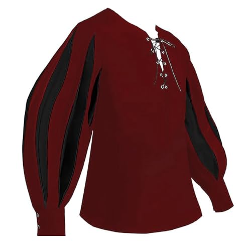 Disfraz retro medieval para hombre, camisa de manga larga con cordones, disfraz renacentista, victoriano, carnaval, cosplay (rojo, XL)