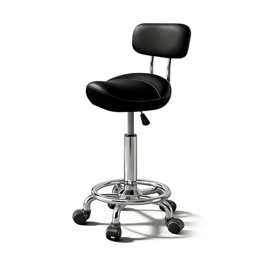 Image of Saddle Stool with Back and Ring Pedal, Adjustable Hydraulic Rolling Chair with Wheels for Salon, Spa, Medical, Massage & Drafting Use Black