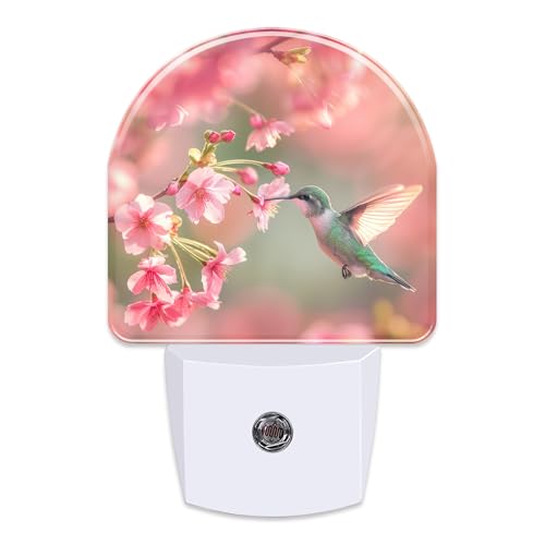 Image of Hummingbird with Cherry Blossoms Night Light Plug into Wall, Pink Flowers Bird Dusk to Dawn Night Light,0.5w Energy Saving Sleep Friendly Nightlight for Kids Boys Girls Home