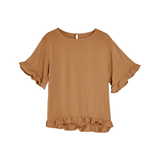 Coutgo Girls Short Ruffle Sleeve Shirts Round Neck Basic Tops Loose Fit Flowy Summer Blouse Tee 6-15 Years #TOP6