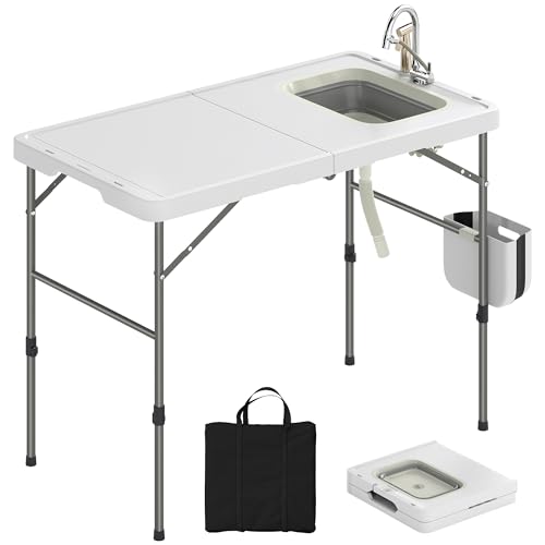 Outsunny Mesa de Limpieza de Pescado Portátil, Mesa Plegable Camping con Altura Regulable, Grifo, Fregadero y Cesta Plegables, Manguera, Bolsa de Transporte, Regla, Ranuras, Estación de Limpieza Pesca