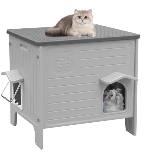 CSQOO Plastic Cat House Outdoor & Indoor, Feral Cat Houses with Escape Door, Waterproof Outdoor Cat House for Feral Cats, Outside Cat Shelter for Small Pet, Assemble Easily-Grey