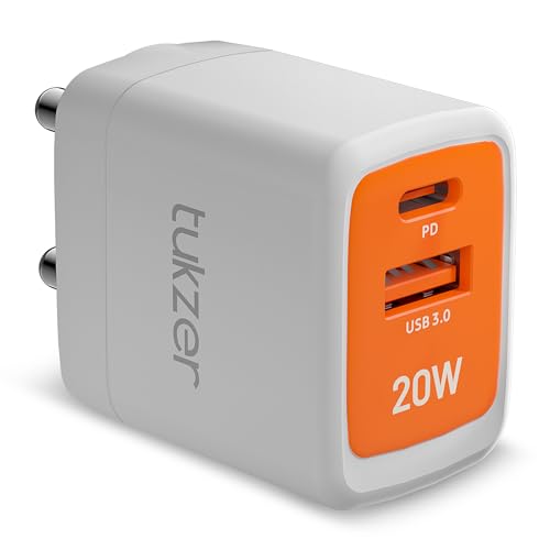 Image of Tukzer 20W Dual Port GaN3 Ultra Fast Charger Wall Adapter (Type C PD3.0 & USB QC3.0 / 5V~3A)| Compatible with All iPhone /iPad /Android Phones (White)