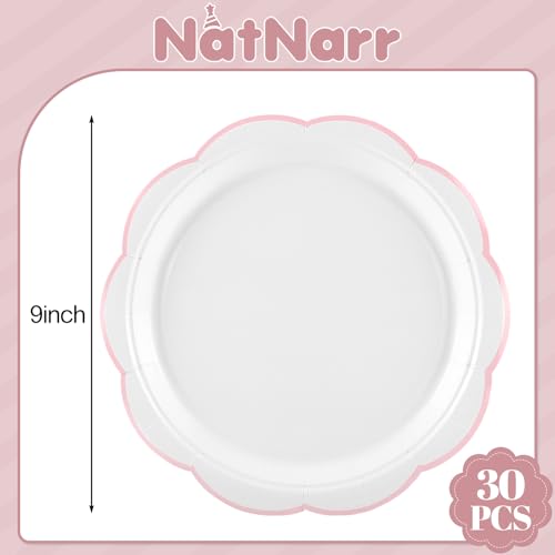 Image of NatNarr 30 Pcs Pink and White Paper Plates, 9 Inch White Plates with Pink Trim Scalloped Paper Plate Disposable for Baby Shower, Wedding, Bridal Shower, Birthday