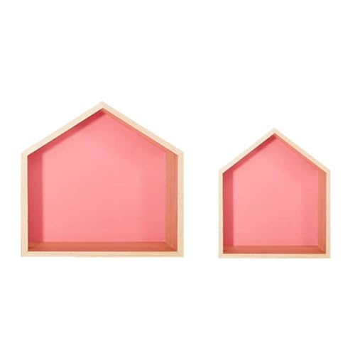 BtcFu 壁掛け棚、無垢材磁気六角形収納、壁に取り付けられた木製グリッド釘フリー磁気吸収棚 (ピンクの家の形(大きいものと小さいもの))