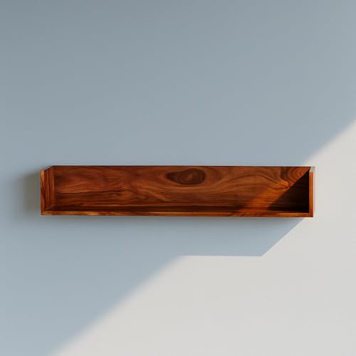 Image of Solid Wood Floating Wall Shelves (Set of 3) | Premium Wooden Wall Mounted Shelves for Living Room, Bedroom & Office Decor | Teak Finish | 28 /34 /46 Inch