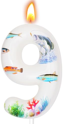 Fishing Birthday Candles Fishing Party Decoration Supplies Options for Ages 0-100 Available Birthday Number Candles for Cake Topper (White Number 9)