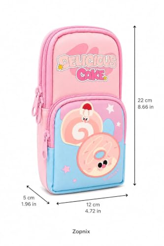 Image of WORSHIPER Double Zipper Pencil Pouch for Kids | Large Capacity Stationery Organizer | Multi-Compartment Pencil Case for School, Office & Travel | Cute Food Theme Design(Delicious Cake - Pouch)