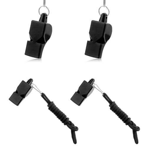 Pack of 4 Black Whistle with Lanyard, Loud Emergency, Loud Clear ...
