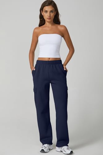 Image of QINSEN Baggy Medium Waist Elastic Sweatpants for Womens Casual Long Fleece Cargo Pants with Pockets