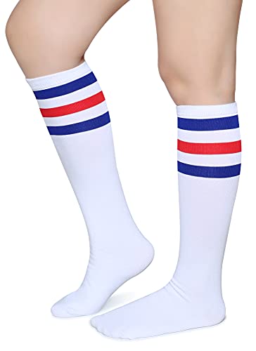 Pareberry Triple Stripes Soft Cotton Knee High Tube Socks for Men and Women (Blue Red White)