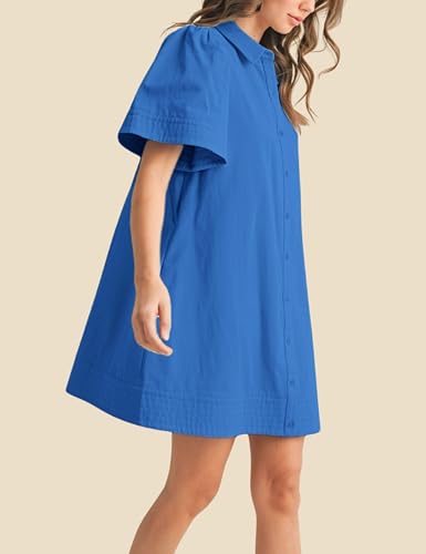 Image of Womens Short Sleeve Button Down Mini Shirt Dress Lapel Collar Short Dresses with Pocket