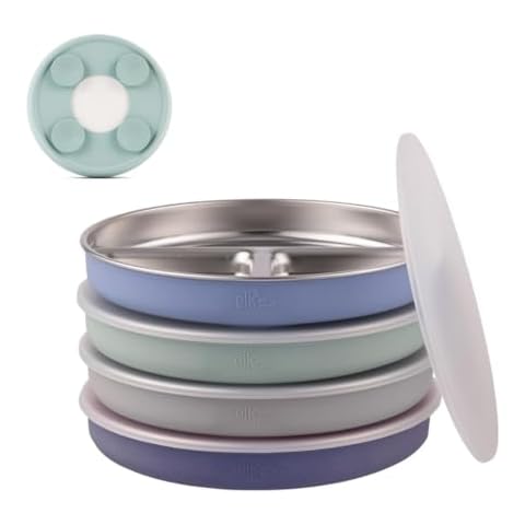Elk and Friends Stainless Steel Divided Plates with Silicone Sleeve for Babies & Toddlers | Lids Included | Stay Put Suction | Dinner & Snack Plates | 4 Pack Cover