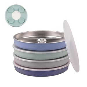 Elk and Friends Stainless Steel Divided Plates with Silicone Sleeve for Babies & Toddlers | Lids Included | Stay Put Suction | Dinner & Snack Plates | 4 Pack