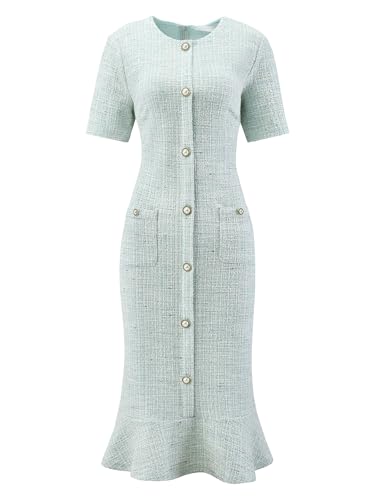 Women's Tweed Dress Short Sleeve 2025 Elegant Wedding Cocktail Bodycon Midi Fishtail Dresses