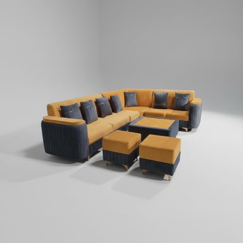 Image of APRODZ Wooden Sofa Set 7 Seater for Living Room, Solid Wood L Shape Sofa with Coffee Table and Two Ottoman Stools, 7 Seater Sofa for Home Office, Yellow & Grey