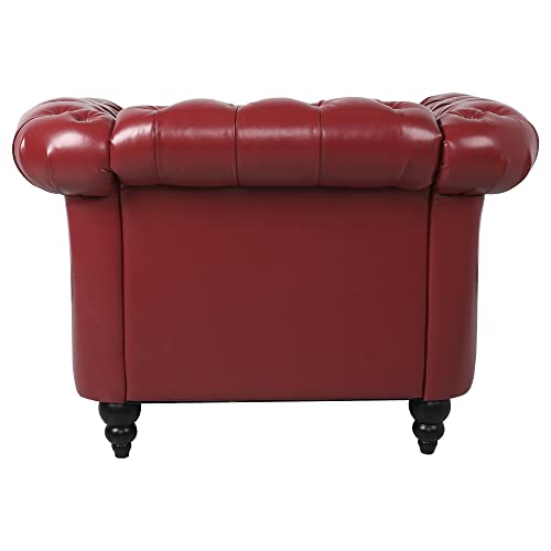 Image of LEVNARY Leather Upholstered Armchair, Mid-Century Modern Single Sofa Chair with Rolled Arms and Nailhead, Tufted Pu Leather Chesterfield Chair for Home Bedroom Reading Room (Wine Red)