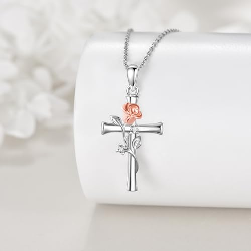 YFN Cross Necklace 925 Sterling Silver Rose Flower Necklace Rose Gold Long Chain Necklace Jewelry for Women Ladies Mom - Image 3