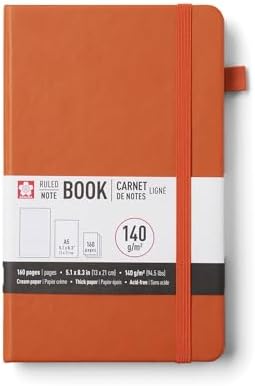 Sakura Notebook Ruled A5 - Japanese-Inspired Lined Notebook for Effortless Writing - 140 GSM Paper - Hardcover - Built-in Pen Holder - Expandable Inner Pocket - Flat-Lay - 5.1 x 8.3" - Amber