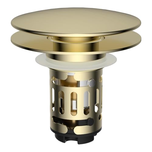 Hibbent Upgraded 3 in 1 Bathroom Sink Drain Strainer, Pop Up Sink Stopper with Big Push Cap, Anti-Clogging Metal Filter Basket,Sink Plug with Hair Catcher for 1.1''~2.36'' Basin, Brushed Gol