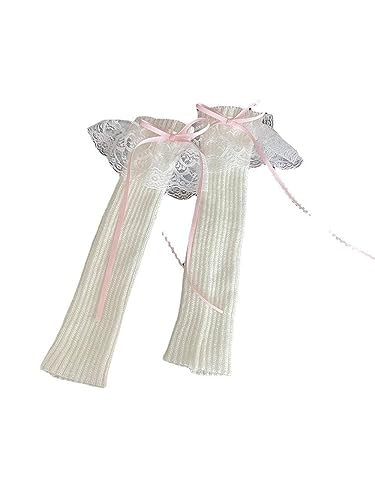 OYOANGLE Women's 1 Pair Lace Trim Bow Rib Knit Leg Warmers Y2K Kawaii Long Socks for 80s Party Dance2