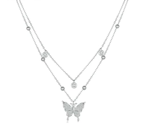 Collier papillon en argent 925 pour femme avec double chaîne et pompon fin
