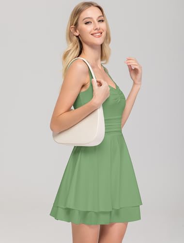 Image of IWD Women's Square Neck Sleeveless Mini Dress Ruched Waist Tiered Ruffle Hem A Line Short Dresses