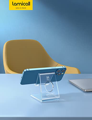 Image of Lamicall Acrylic Phone Stand Desk Accessories - Clear Office Cell Phone Holder, Transparent Phone Stand for Desk, Desktop, Office Desk Accessories, Suitable for iPhone Accessories, 4-8'' Phone | Office Cubicle Decor, Accessories & Workspace Organizers for Women, Teacher Desk Essentials, Cute Work From Home Supplies