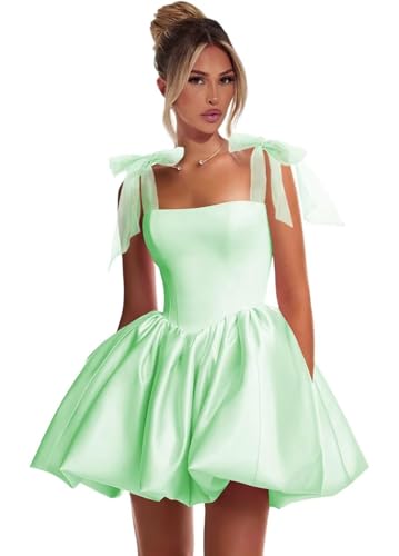 Square Neck Satin Homecoming Dresses for Teens Short Puffy Prom Dress with Bow Flower Bud Cocktail Party Gowns