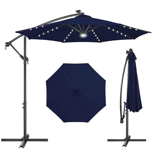 Image of Solar Offset Patio Umbrella - 10 FT Solar Cantilever Umbrella Outdoor with 40 LED Lights and Cross Base, UV Protection for Garden, Deck, Backyard, Pool, Porch, Navy Bluery