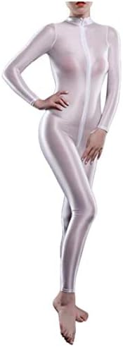 Xinxin Woman's Sheer Shiny Bodystocking Lingerie High Neck Long Sleeve Zipper Crotch Bodysuit Catsuit (White), Medium