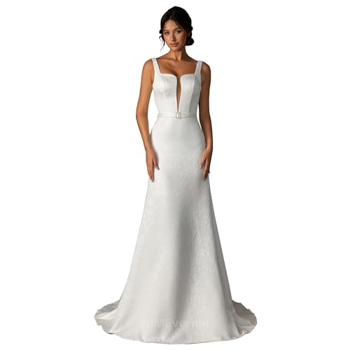 Image of Wedding Dress Elegant Royal Style for Women,Bridal Jacquard Dress for Summer Beach Garden Wedding,Simple Series Lightweight Wedding Gown,Length: 70'',Suitable for Chest:33.07'' Waist:27.56''