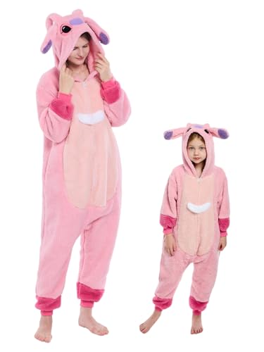 GONAAP Adult Onesie Pajamas Sherpa Animal One Piece Halloween Cosplay Costume for Women Men(Pink 13-14Years)