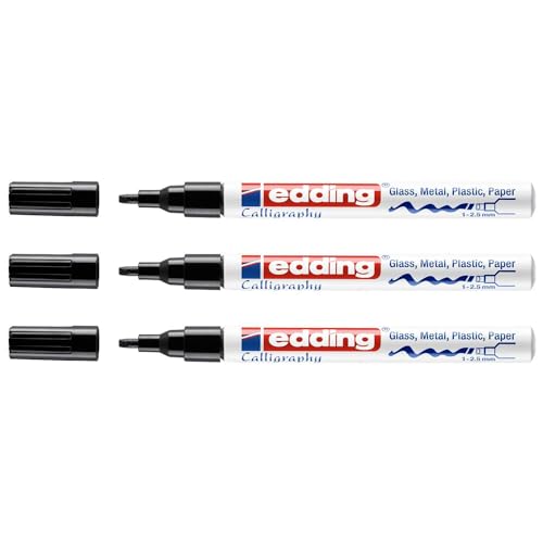 Edding Set mit 3 Markern, glänzend, CALLIGRAPHIE 753, Schwarz, mittlere Spitze, 1 – 2,5 mm